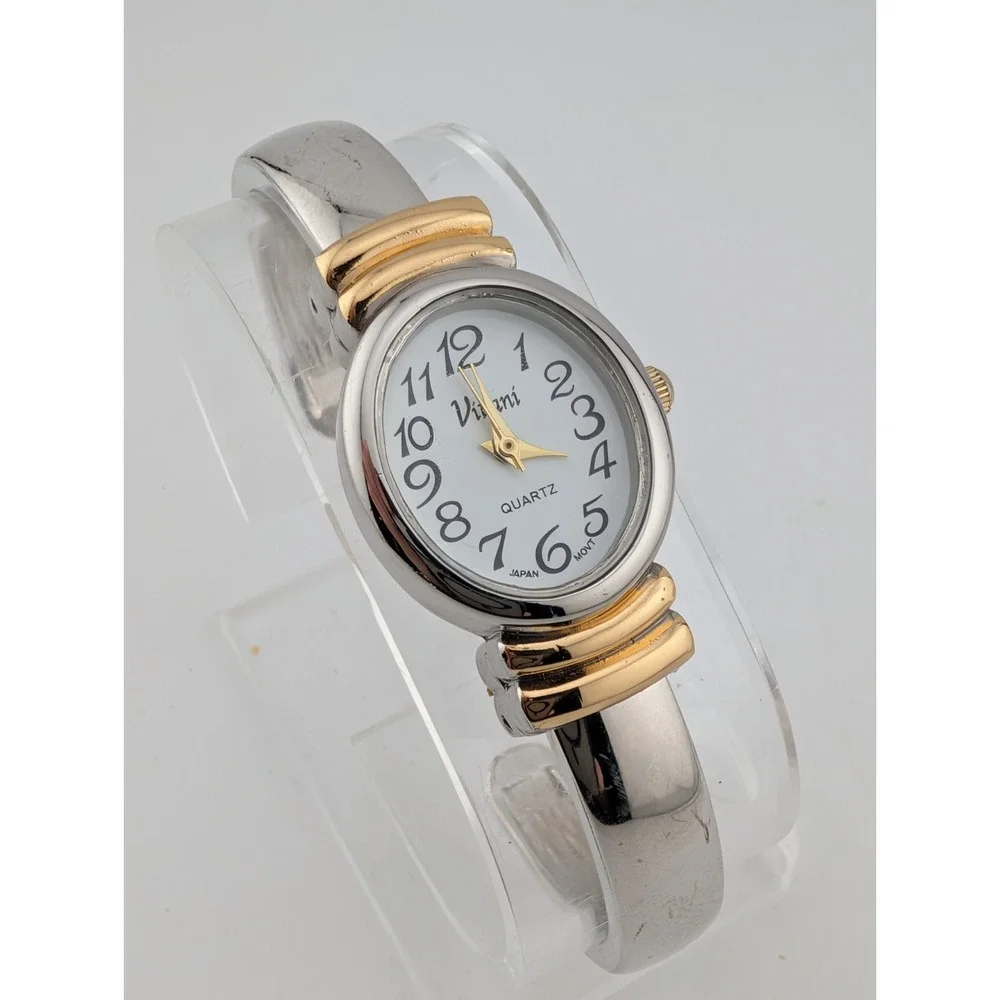 Vivani Watch Women 21mm Case Two Tone Hinge Bangle Band- New Battery